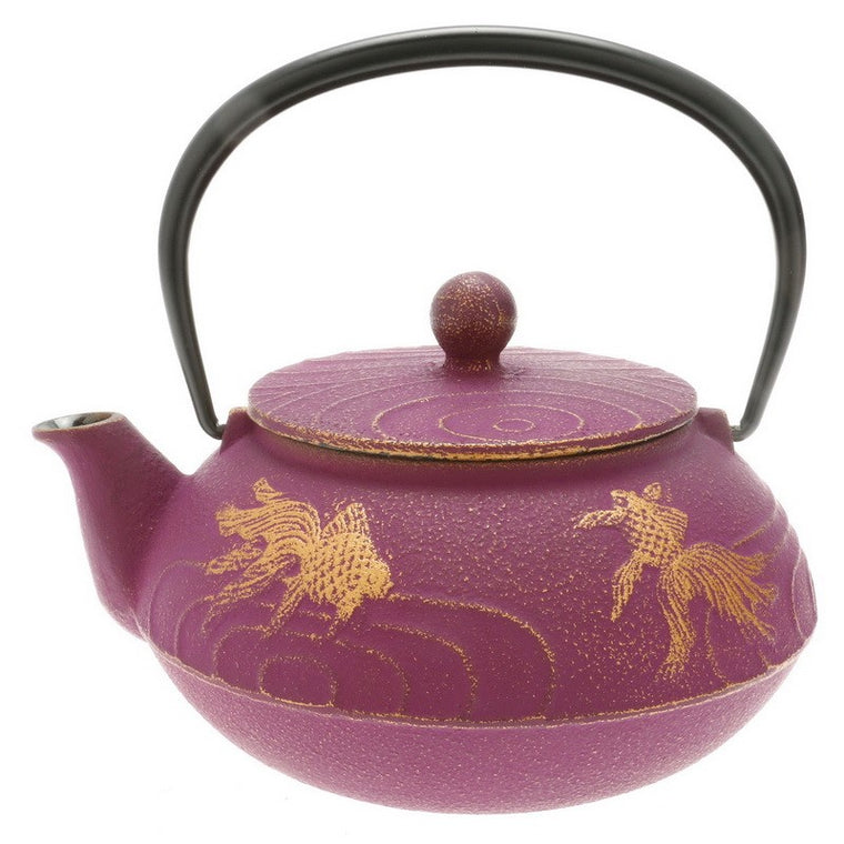 Cast Iron Tea Pot, Gold and Purple Goldfish  design, 22 fluid ounces